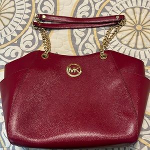 Michael Kors cherry red saffiano leather with gold link straps